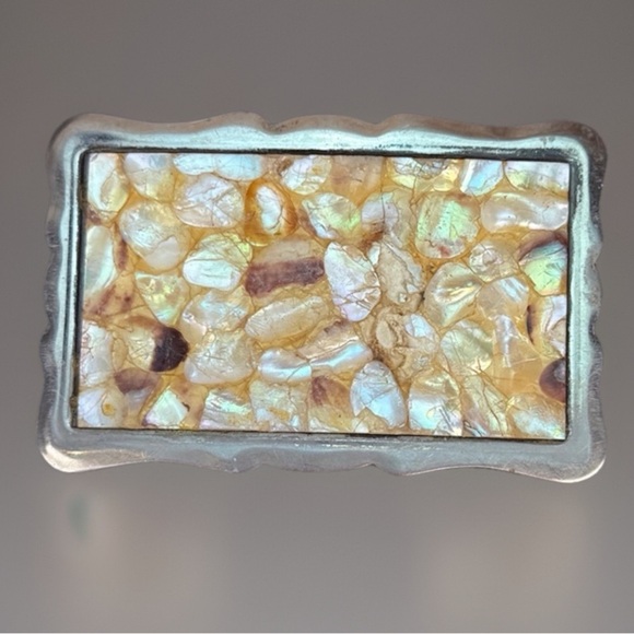 Vintage weighted, abalone mother of pearl shell, Silvertone 3”x2” belt buckle main image 6